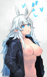 Rule 34 | 1girl, animal ear fluff, animal ears, black hoodie, blue eyes, blue hair, breasts, bug, butterfly, collarbone, commentary, drawstring, extra ears, gradient background, gradient hair, grey background, hands in pockets, happa (cloverppd), highres, hood, hood down, hoodie, horns, horse ears, insect, large breasts, long hair, looking away, multicolored hair, naked hoodie, navel, nipples, no bra, open clothes, open hoodie, original, parted lips, pointy ears, simple background, single horn, solo, unicorn girl, upper body, very long hair, white hair