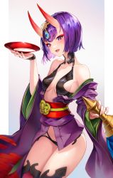 Rule 34 | 1girl, absurdres, alcohol, bare shoulders, barefoot sandals (jewelry), blush, bob cut, breasts, commentary, cowboy shot, cup, eyeliner, fangs, fate/grand order, fate (series), gourd, grey background, headpiece, highres, holding, holding cup, holding gourd, horns, japanese clothes, kimono, long sleeves, looking at viewer, makeup, medium breasts, minj kim, obi, oni, open clothes, open kimono, open mouth, purple eyes, purple hair, purple kimono, revealing clothes, sakazuki, sake, sash, short hair, shuten douji (fate), simple background, skin-covered horns, smile, solo, thighhighs, thighs, two-tone background, white background, wide sleeves