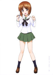 Rule 34 | 10s, 1girl, :d, absurdres, black neckwear, blue legwear, brown eyes, brown footwear, brown hair, copyright name, full body, girls und panzer, highres, holding, loafers, looking at viewer, miniskirt, nishizumi miho, official art, ooarai school uniform, open mouth, page number, pleated skirt, school uniform, shirt, shoes, short hair, simple background, skirt, smile, solo, standing, white background, white shirt, yoshida nobuyoshi