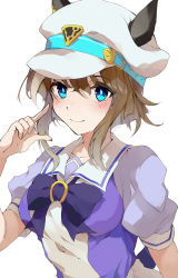 Rule 34 | 1girl, belt, blue eyes, blush, bow, bowtie, breasts, brown hair, cheval grand (umamusume), closed mouth, ears through headwear, hand up, hat, hat belt, highres, looking at viewer, medium hair, pointing, pointing at self, puffy short sleeves, puffy sleeves, purple shirt, ra mun5239, sailor collar, school uniform, shirt, short sleeves, simple background, small breasts, smile, solo, tracen school uniform, umamusume, upper body, white background, white hat