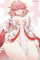 Rule 34 | 1girl, animal ears, bare legs, bare shoulders, blush, breasts, detached sleeves, earrings, floppy ears, fox ears, genshin impact, hair ornament, highres, japanese clothes, jewelry, large breasts, long hair, looking at viewer, ninai, no bra, no panties, nontraditional miko, open mouth, pink hair, purple eyes, red skirt, revealing clothes, shirt, sideboob, sidelocks, skirt, sleeveless, sleeveless shirt, smile, solo, tassel, thighs, very long hair, white shirt, white sleeves, wide sleeves, yae miko