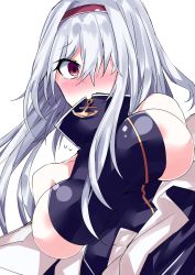 Rule 34 | 1girl, anchor symbol, azur lane, bare shoulders, belt, blue dress, blush, breasts, coat, colorado (azur lane), covered mouth, detached sleeves, dress, embarrassed, hair over one eye, hairband, high collar, highres, himiya jouzu, large breasts, long hair, looking at viewer, red eyes, red hairband, sideboob, silver hair, sleeveless, sleeveless dress, solo, white background