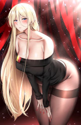 Rule 34 | 1girl, absurdres, ass, azur lane, bare shoulders, bent over, bismarck (azur lane), black sweater, blonde hair, blue eyes, breasts, brown pantyhose, cleavage, covered erect nipples, german flag, highres, kome cola, large breasts, long hair, nail polish, pantyhose, red nails, red ribbon, ribbon, shiny skin, sky, sparkle, star (sky), starry sky, sweater, thighband pantyhose, thong, very long hair