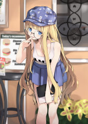 Rule 34 | 1girl, absurdres, blonde hair, blue eyes, blue hat, blue skirt, blush, breasts, cleavage, collarbone, day, fingers to mouth, glasses, hat, highres, leaning forward, long hair, looking at viewer, medium breasts, original, outdoors, parted lips, paryi, skirt, sleeveless, solo, standing, very long hair, window