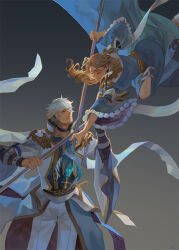 Rule 34 | 1boy, 1girl, blonde hair, blue dress, blue eyes, blue shirt, breasts, cardinal (ragnarok online), chinese commentary, closed eyes, closed mouth, coat, commentary request, cross, dress, feet out of frame, frilled sleeves, frills, gradient background, grey background, holding, holding staff, long hair, looking at another, medium breasts, pants, ragnarok online, shirt, short hair, smile, staff, white coat, white hair, white pants, wide sleeves, zi tsas