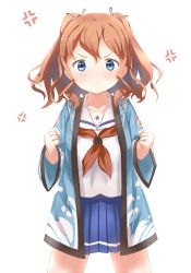 Rule 34 | &gt;:t, 10s, 1girl, :t, anger vein, blue eyes, brown hair, guraasan, happi, high school fleet, highres, japanese clothes, looking at viewer, neckerchief, pleated skirt, pout, robe, school uniform, serafuku, short hair, simple background, skirt, solo, twintails, two side up, v-shaped eyebrows, white background, yanagiwara maron