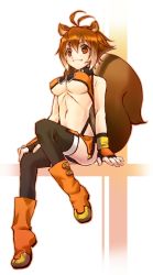 Rule 34 | 1girl, ahoge, animal ears, arc system works, bad id, bad pixiv id, black thighhighs, blazblue, blazblue: continuum shift, boots, breasts, brown eyes, brown hair, fingerless gloves, full body, gloves, gradient hair, halterneck, large breasts, makoto nanaya, multicolored hair, orange skirt, revealing clothes, short hair, sitting, skirt, smile, solo, squirrel ears, squirrel tail, tail, teiruzuta, thighhighs, underboob, white hair