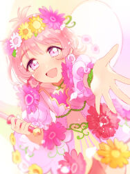 Rule 34 | 1boy, :d, blush, clothing cutout, crossdressing, dress, flower, flower wreath, head wreath, holding, king of prism, king of prism by prettyrhythm, looking at viewer, male focus, navel cutout, open mouth, orange flower, oshiri (o4ritarou), outstretched arm, pink dress, pink eyes, pink flower, pink hair, pretty rhythm, pretty series, reaching, reaching towards viewer, red flower, saionji leo, smile, solo, sparkle, standing, trap, white background, white flower, yellow flower