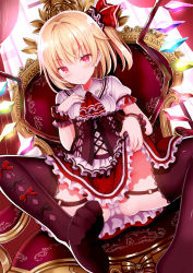 Rule 34 | 1girl, alternate costume, black thighhighs, blonde hair, blush, closed mouth, crystal, flandre scarlet, frilled skirt, frilled sleeves, frills, givuchoko, hair between eyes, highres, one side up, panties, puffy short sleeves, puffy sleeves, red eyes, red skirt, short hair, short sleeves, sitting, skirt, smile, solo, thighhighs, throne, touhou, underwear, white panties, wings, wrist cuffs