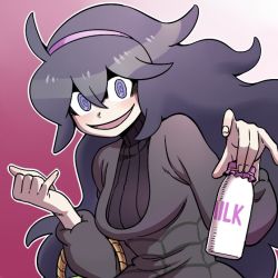 Rule 34 | 1girl, :d, @ @, ahoge, alternate breast size, basket, big hair, black dress, bottle, breasts, clenched hand, creatures (company), dress, fingernails, game freak, gradient background, hair between eyes, hairband, hands up, hex maniac (pokemon), holding, holding bottle, incoming drink, long hair, long sleeves, looking at viewer, medium breasts, messy hair, milk bottle, moomoo milk, nintendo, npc trainer, nutkingcall, open mouth, outline, pink background, pokemon, pokemon xy, print dress, purple background, purple dress, purple eyes, purple hair, purple hairband, ribbed sweater, shaded face, smile, solo, spider web print, sweater, turtleneck, turtleneck sweater, white outline