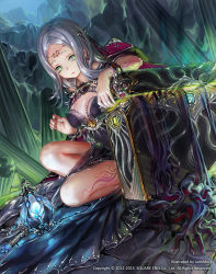 Rule 34 | 1girl, artist name, breasts, cleavage, cloak, green eyes, guardian cross, hair ornament, jane mere, jewelry, long hair, official art, silver hair, smile, solo, square enix, tattoo