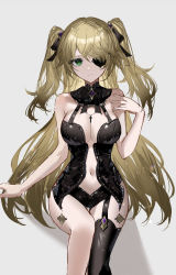 Rule 34 | 1girl, alternate costume, bare arms, bare shoulders, black leotard, black thighhighs, blonde hair, breasts, center opening, cleavage, closed mouth, fischl (genshin impact), garter straps, genshin impact, green eyes, highres, knee up, large breasts, leotard, long hair, looking at viewer, navel, one eye covered, raiya atelier, revealing clothes, simple background, single thighhigh, sitting, smile, solo, thighhighs, two side up, very long hair, white background