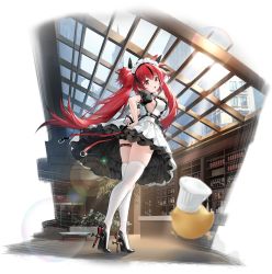 Rule 34 | 1girl, artist request, azur lane, black footwear, full body, high heels, highres, indoors, long hair, looking at viewer, maid, maid headdress, manjuu (azur lane), official alternate costume, official art, open mouth, red eyes, red hair, skindentation, thigh strap, thighhighs, transparent background, twintails, u-1206 (azur lane), u-1206 (maid just for you) (azur lane), white thighhighs