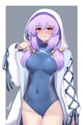 Rule 34 | 1girl, a.nori, absurdres, atsuko (blue archive), blue archive, braid, breasts, commentary request, covered navel, grey background, heattech leotard, highres, hood, hooded jacket, jacket, large breasts, leotard, low twin braids, multicolored leotard, purple hair, red eyes, solo, turtleneck, twin braids, two-tone leotard, white jacket