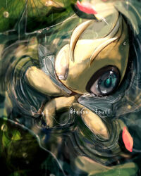Rule 34 | 1other, afloat, antennae, artist name, blue eyes, celebi, closed mouth, colored skin, creatures (company), fairy wings, game freak, gen 2 pokemon, green skin, happy, highres, legendary pokemon, lily pad, looking at viewer, mythical pokemon, nintendo, other focus, outdoors, partially submerged, partially underwater shot, petals, pokemon, pokemon (creature), rain, ripples, signature, sketch, smile, solo, tensaitou tou, twitter username, water, wings