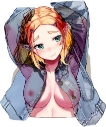 Rule 34 | 1girl, absurdres, arms up, blonde hair, blush, braid, breasts, buttons, cropped torso, denim, denim jacket, green eyes, hair ornament, hairclip, highres, jacket, long sleeves, medium breasts, nintendo, nipples, parted bangs, pointy ears, princess zelda, see-through, simple background, smile, solo, suk180, sweatdrop, the legend of zelda, the legend of zelda: breath of the wild, the legend of zelda: tears of the kingdom, white background