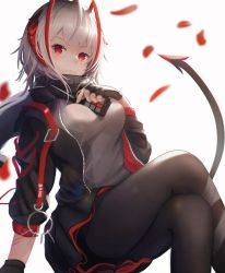 Rule 34 | 1girl, arknights, black gloves, black jacket, black pantyhose, black scarf, black skirt, blush, breasts, closed mouth, commentary request, crossed legs, feet out of frame, fingerless gloves, gloves, grey shirt, highres, horns, jacket, laozhanshi, large breasts, looking at viewer, md5 mismatch, miniskirt, open clothes, open jacket, pantyhose, red eyes, resolution mismatch, revision, scarf, shirt, short hair, silver hair, simple background, skirt, smile, solo, source smaller, tail, thighs, w (arknights), white background