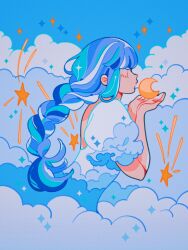 Rule 34 | blue dress, blue hair, blue sky, blue theme, braid, closed eyes, cloud, cloud print, crescent moon, cupping hands, dress, highres, meyoco, moon, original, own hands together, puffy short sleeves, puffy sleeves, short sleeves, single braid, sky, sparkle, star (sky)