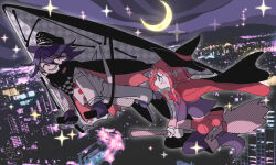 Rule 34 | 1boy, 1girl, ahirumamire, aircraft, black cape, black pantyhose, broom, broom riding, cape, cityscape, closed eyes, crescent moon, danganronpa (series), danganronpa v3: killing harmony, flying, glider, grin, hat, military hat, moon, oma kokichi, pantyhose, pleated skirt, purple hair, red cape, red hair, red skirt, short hair, skirt, smile, witch, witch hat, yumeno himiko