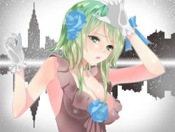 Rule 34 | 1girl, 1hayu, bad id, bad pixiv id, blue flower, blue rose, breasts, building, cityscape, cleavage, ericcapink, flower, gloves, green eyes, green hair, gumi, hair flower, hair ornament, matching hair/eyes, reflection, rose, short hair, silhouette, sleeveless, solo, vocaloid
