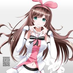 Rule 34 | 1girl, absurdres, black bow, blush, bow, breasts, brown hair, closed mouth, commentary request, detached sleeves, floral background, green eyes, grey background, hair ribbon, hairband, hands up, heart, heart hands, highres, kizuna ai, kizuna ai inc., long hair, long sleeves, looking at viewer, medium breasts, pink hairband, pink ribbon, pleated skirt, qr code, ribbon, shirt, simple background, skirt, sleeveless, sleeveless shirt, sleeves past wrists, smile, solo, striped, striped bow, twitter username, very long hair, virtual youtuber, white shirt, white skirt, white sleeves, yamaguchi shinnosuke