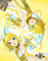 Rule 34 | 1boy, 1girl, blonde hair, blue eyes, brother and sister, detached sleeves, holding hands, hetero, highres, interlocked fingers, kagamine len, kagamine rin, kirisame., rotational symmetry, short hair, siblings, twins, vocaloid, vocaloid append
