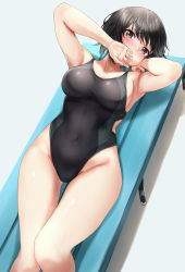 Rule 34 | 1girl, absurdres, amagami, bare arms, bare legs, bench, black hair, blush, breasts, brown eyes, collarbone, commentary, commission, competition swimsuit, covered navel, covering own mouth, feet out of frame, highres, looking at viewer, lying, m.tokotsu, nanasaki ai, on back, one-piece swimsuit, pixiv commission, short hair, sideboob, solo, swimsuit