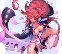Rule 34 | 1girl, arc system works, baiken, blue background, breasts, cleavage, eyepatch, guilty gear, hand on own thigh, highres, japanese clothes, kimono, large breasts, long hair, pink eyes, pink hair, thighs, torn clothes, torn kimono