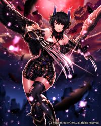 Rule 34 | 1girl, :d, bare shoulders, black hair, black thighhighs, black wings, breasts, claws, cleavage, earrings, elbow gloves, feathered wings, gloves, gyakushuu no fantasica, horns, jewelry, katagiri hachigou, looking at viewer, official art, open mouth, purple eyes, short hair, shorts, smile, solo, teeth, thighhighs, torn clothes, torn thighhighs, wings