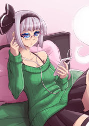Rule 34 | 1girl, adapted costume, alternate costume, bespectacled, black ribbon, black skirt, blue eyes, blue hair, blunt bangs, cellphone, colored eyelashes, contemporary, earphones, glasses, hair ribbon, highres, konpaku youmu, konpaku youmu (ghost), long sleeves, matching hair/eyes, mazume, miniskirt, off-shoulder, off-shoulder sweater, off shoulder, phone, ribbed sweater, ribbon, silver hair, sitting, skirt, smartphone, solo, striped clothes, striped thighhighs, sweater, thighhighs, touhou