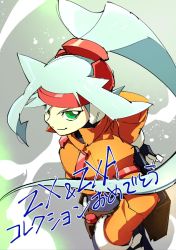 Rule 34 | 1girl, ashe (mega man), bad id, bad twitter id, blue hair, from above, green eyes, hands on own hips, headband, high ponytail, highres, kon (kin219), long hair, mega man (series), mega man zx, mega man zx advent, ponytail, robot ears, simple background, smile, solo, text focus