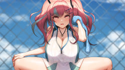 Rule 34 | 1girl, absurdres, azur lane, bare shoulders, blue towel, blurry, blurry background, bow, breasts, bremerton (azur lane), bremerton (scorching-hot training) (azur lane), chain-link fence, cleavage, collared shirt, commentary, cowboy shot, crop top, day, depth of field, eyelashes, fence, greem bang, grey hair, hair between eyes, hair bow, hair ornament, hairclip, heart, heart necklace, highres, huge breasts, jewelry, large breasts, long hair, looking at viewer, mole, mole under eye, motion lines, multicolored hair, nail polish, necklace, open mouth, outdoors, pink eyes, pink hair, pink nails, see-through, shirt, sleeveless, sleeveless shirt, spread legs, streaked hair, sunlight, towel, twintails, two-tone hair, two-tone shirt, two-tone skirt, underwear, x hair ornament