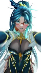Rule 34 | 1girl, absurdres, assertive female, black dress, blue hair, blue lips, blush, bodystocking, bodysuit, breasts, china dress, chinese clothes, cleavage, cloud retainer (genshin impact), colored inner hair, dress, earrings, genshin impact, glasses, green eyes, hair ornament, highres, jewelry, kabedon, large breasts, lipstick, long hair, looking at viewer, makeup, multicolored clothes, multicolored dress, multicolored hair, ponytail, reaching, reaching towards viewer, red-framed eyewear, see-through, see-through cleavage, smile, solo, what (lav0s), xianyun (genshin impact)