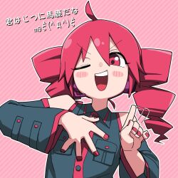 Rule 34 | 1girl, ahoge, bare shoulders, black shirt, blush stickers, breast pocket, buttons, collared shirt, commentary, detached sleeves, drill hair, emoticon, finger wagging, hand on own chest, hands up, highres, kasane teto, looking at viewer, medium hair, nail polish, one eye closed, open mouth, outline, pink background, pocket, red eyes, red hair, red nails, shirt, sleeveless, sleeveless shirt, smirk, solo, striped, striped background, translation request, twin drills, upper body, utau, v-shaped eyebrows, white outline, wide sleeves, yachima tana