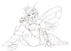 Rule 34 | 1girl, animal hands, antennae, arthropod girl, ass, barbariank, bare shoulders, beelzebub (monster girl encyclopedia), boots, breasts, bug, carapace, crown, eating, fang, fly, food, food on face, fur, greyscale, hair ornament, imageboard desourced, insect, insect wings, lineart, looking at viewer, monochrome, monster girl, monster girl encyclopedia, non-web source, pointy ears, sandwich, sandwiched, simple background, sitting, skull and crossbones, skull hair ornament, solo, thighhighs, wings