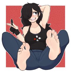 Rule 34 | 1girl, arm up, armpits, art trade, barefoot, black eyes, black hair, black nails, black tank top, blush, border, breasts, commentary, denim, english commentary, feet, foot focus, foreshortening, gloves, hair over one eye, highres, jeans, large breasts, legs up, long hair, nail polish, original, pants, partially fingerless gloves, red background, simple background, smile, softhanten, soles, solo, tank top, teeth, toenail polish, toenails, toes, twitter username, upper teeth only, white border