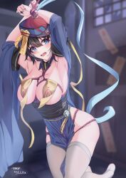 Rule 34 | absurdres, ahoge, armpits, arms up, azur lane, bdsm, black hair, blue dress, blue eyes, bondage, bound, bound wrists, breast curtains, breasts, china dress, chinese clothes, dated, dress, hat, highres, hwah jah (azur lane), hwah jah (the festive undead) (azur lane), jiangshi, jiangshi costume, large breasts, official alternate costume, ofuda, pelvic curtain, qingdai guanmao, red rope, restrained, revealing clothes, rope, shibari, shibari under clothes, short hair, sunebu (snake boo2), talisman, thighhighs, white thighhighs