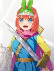 Rule 34 | 1girl, :d, belt, blue eyes, breasts, brown belt, brown gloves, cape, circlet, cosplay, dragon quest, dragon quest iii, gloves, go-toubun no hanayome, green ribbon, hair ribbon, happy, highres, holding, holding shield, holding sword, holding weapon, irarei (araisanblog), large breasts, nakano yotsuba, open mouth, orange hair, purple cape, ribbon, roto (cosplay), roto (dq3), sheath, shield, short hair, smile, solo, sword, tunic, weapon
