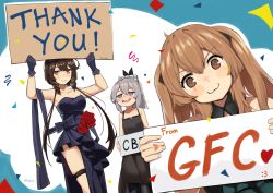 Rule 34 | 3girls, :3, absurdres, black dress, bow, brown eyes, brown hair, commentary, dress, english commentary, english text, girls&#039; frontline, gloves, grey hair, hair bow, hair ornament, highres, holding, holding sign, kion-kun, m200 (girls&#039; frontline), m200 (war correspondent) (girls&#039; frontline), multiple girls, official alternate costume, open mouth, purple eyes, scar, scar across eye, scar on face, second-party source, sign, smile, strapless, strapless dress, twitter username, type 79 (fox steps under star night) (girls&#039; frontline), type 79 (girls&#039; frontline), ump9 (girls&#039; frontline), ump9 (the world&#039;s melody) (girls&#039; frontline)