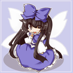 Rule 34 | 1girl, black hair, bow, brown eyes, eastern and little nature deity, fairy, female focus, full body, hair bow, long hair, lowres, open mouth, shirogane (platinum), solo, star sapphire, touhou, wink