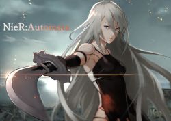 Rule 34 | 1girl, android, armlet, black gloves, blue eyes, breasts, closed mouth, cloud, cloudy sky, elbow gloves, gloves, hair between eyes, holding, holding sword, holding weapon, joints, katana, long hair, looking at viewer, medium breasts, mole, mole under mouth, nier (series), nier:automata, outdoors, outstretched arm, pink lips, pointing sword, robot joints, silver hair, sky, solo, standing, sword, tank top, upper body, weapon, a2 (nier:automata), yoshio (55level)