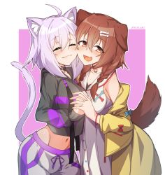 Rule 34 | 2girls, :d, ahoge, animal ear fluff, animal ears, black hoodie, blush, bone hair ornament, braid, breasts, brown eyes, brown hair, cartoon bone, cat ears, cat girl, cat tail, closed eyes, closed mouth, collarbone, commentary, dog ears, dog girl, dog tail, dress, fang, groin, hair ornament, hair over shoulder, highres, holding hands, hololive, hood, hood down, hoodie, interlocked fingers, inugami korone, inugami korone (1st costume), jacket, long hair, long sleeves, medium breasts, midriff, multiple girls, navel, nekomata okayu, nekomata okayu (1st costume), off shoulder, open clothes, open jacket, open mouth, outline, pink background, pink hair, shorts, sleeveless, sleeveless dress, sleeves past wrists, smile, tail, tilt-shift (azalanz), twin braids, twitter username, two-tone background, virtual youtuber, white background, white dress, white outline, white shorts, yellow jacket