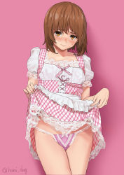 Rule 34 | 1girl, alternate costume, blush, bow, bow panties, brown eyes, brown hair, closed mouth, clothes lift, commentary, cowboy shot, dress, dress lift, embarrassed, frown, girls und panzer, hami dmg, lace, lace-trimmed dress, lace-trimmed panties, lace-trimmed sleeves, lace trim, lifted by self, looking at viewer, nishizumi miho, panties, pantyshot, pink background, pink dress, pink panties, plaid, plaid dress, short dress, short hair, short sleeves, solo, standing, string panties, sweat, twintails, underwear, waitress