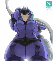 Rule 34 | 1girl, absurdres, arm up, artist request, blade, blue eyes, blue hair, bodysuit, breasts, covered navel, dota (series), dota 2, gloves, high ponytail, highres, kannovaku, large breasts, long hair, looking at viewer, looking down, luna (dota), matching hair/eyes, parted lips, purple bodysuit, simple background, solo, white background, white gloves, wide hips