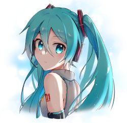 Rule 34 | 1girl, aqua hair, bare shoulders, blue background, blue eyes, closed mouth, commentary, cropped torso, detached sleeves, from side, gradient background, grey shirt, hair between eyes, hatsune miku, headset, long hair, looking at viewer, looking to the side, number tattoo, shirt, shoulder tattoo, solo, supo01, tattoo, twintails, upper body, very long hair, vocaloid, white background