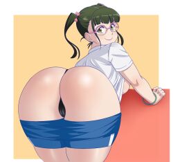 Rule 34 | 1girl, ass, bent over, black panties, blue shorts, blunt bangs, border, bracelet, breasts, cameltoe, closed mouth, cowboy shot, donchibi, from behind, glasses, green hair, huge ass, jewelry, large breasts, looking at viewer, looking back, nikuko (galko), open clothes, oshiete! galko-chan, panties, pink-framed eyewear, red background, shirt, shorts, smile, solo, sportswear, thong, twintails, underwear, white border, white shirt, wide hips, yellow background, yellow eyes