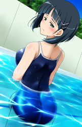 Rule 34 | 10s, 1girl, ass, black hair, blush, breasts, competition school swimsuit, competition swimsuit, from behind, hair ornament, hairclip, kamelie, kirigaya suguha, large breasts, looking back, one-piece swimsuit, partially submerged, pool, school swimsuit, short hair, solo, swimsuit, sword art online, wading, water