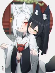 Rule 34 | 2girls, :o, animal ear fluff, animal ears, black hair, black kimono, blurry, blurry background, blush, closed mouth, commentary request, depth of field, fox ears, fox girl, fox tail, green eyes, grey background, hair over one eye, highres, hug, hug from behind, japanese clothes, kimono, kuro kosyou, long hair, long sleeves, multiple girls, obi, open clothes, original, parted lips, red eyes, sash, short eyebrows, silver hair, smile, tail, thick eyebrows, upper body, white kimono, wide sleeves, yui (kuro kosyou)