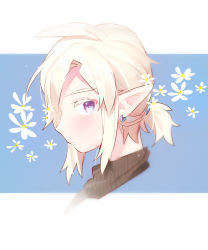 Rule 34 | 1boy, blonde hair, blue background, blue eyes, cropped head, earrings, flower, highres, jewelry, link, looking at viewer, nintendo, pointy ears, ponytail, profile, short hair, solo, the legend of zelda, the legend of zelda: breath of the wild, ttanuu., white background