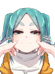 Rule 34 | 1girl, absurdres, blue hair, cheek pinching, closed mouth, commentary request, half-closed eyes, highres, looking at viewer, monogatari (series), ononoki yotsugi, parted bangs, pinching, pov, pov hands, romaji text, shirt, smile, solo focus, thick eyebrows, thomas (aoakumasan), turtleneck, twintails, upper body, yellow shirt